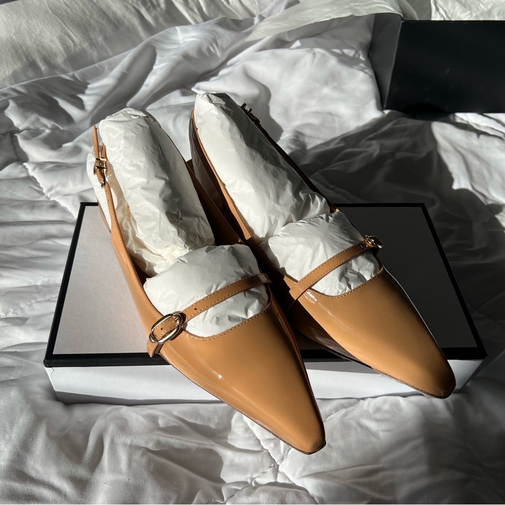 Larroudé Ines Flat in Tan Patent Leather